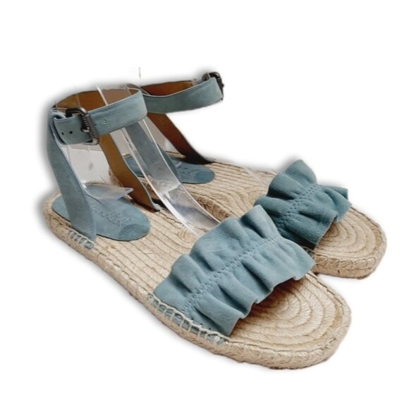 SPLENDID Becca Ruffled Blue Suede Rope Espadrille Ankle Strap Sandals 7.5 Flawed - Picture 1 of 15